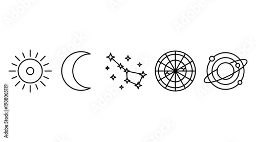 Space and astronomy line icons representing celestial bodies, cosmic phenomena, and ancient navigational tools, perfect for modern design projects.