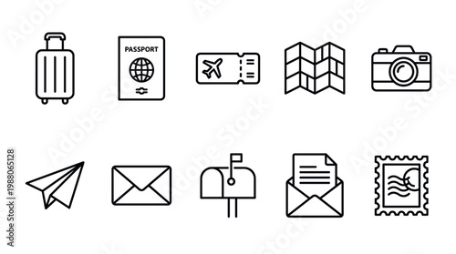 Travel and communication icons set featuring various symbols for journeys, vacations, and sending messages, presented as simple black line art.