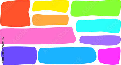 A collection of simple hand-drawn rectangles in a variety of saturated, bright colors. This energetic asset pack is great for gamified interfaces, creative brainstorming apps, and bold, modern website