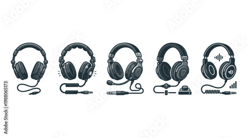 Various types of over-ear wired headphones with audio jacks are depicted in a clean, illustrative, and monochrome vector art style, representing different audio experiences.