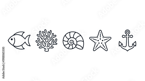 Marine nautical ocean sea life themed vector icons including a fish, coral, seashell, starfish, and anchor, representing underwater and coastal elements.