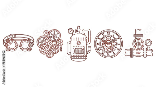 Steampunk elements collection featuring gears, clock, goggles, and industrial machinery designs in a detailed line art style illustration.
