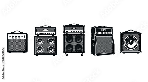 Various guitar amplifiers and speaker cabinets arranged horizontally in a black and white vector illustration, representing musical equipment for rock and roll performances.
