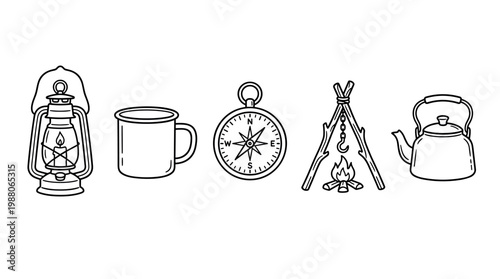 Camping outdoor adventure gear equipment collection illustration featuring essential items for wilderness exploration and nature activities.