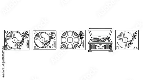 Five different record players and turntables are depicted in a clean, minimalist line art illustration style, showcasing various designs of vintage and modern audio equipment.