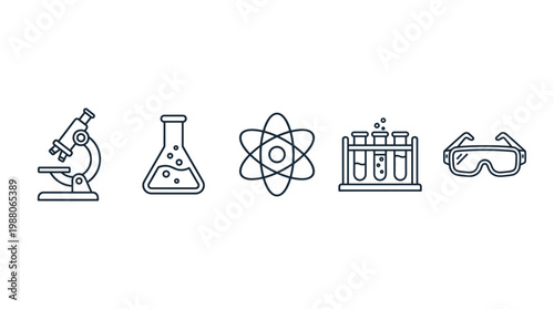 Science icons set featuring various laboratory equipment and symbols, representing research, education, and discovery in a clean outline style.
