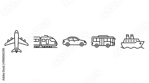 Different modes of transportation icons including airplane, train, car, bus, and ship are neatly arranged in a horizontal line, representing various travel options.