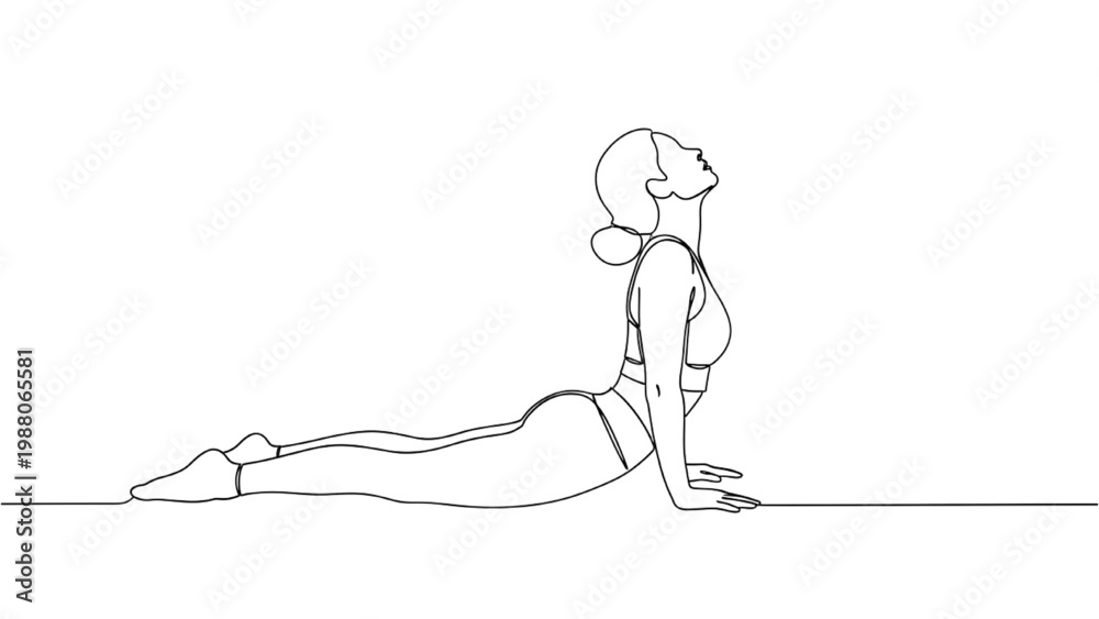 Fototapeta premium Continuous line drawing of a woman in cobra yoga pose on a mat indoors
