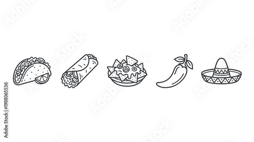 Mexican food and culture icons are presented as a collection of simple, hand-drawn black and white line art illustrations for various uses.