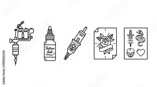 Tattoo equipment and traditional designs vector line art collection featuring machines, ink, and classic flash art elements for creative projects.