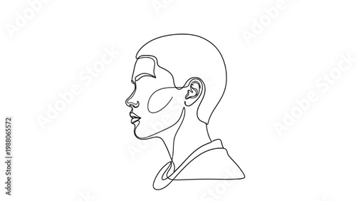 Continuous line drawing of a young man's face in profile view