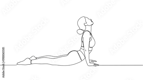 Continuous line drawing of a woman in cobra yoga pose on a mat indoors