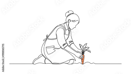 Woman using continuous line drawing style to plant a small tree