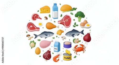 Colorful and comprehensive food assortment illustration showcasing various proteins, vegetables, dairy, and grains arranged in a circular composition on a clean white background.