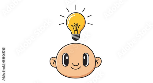 Cartoon Head with Lightbulb: Idea Generation Concept