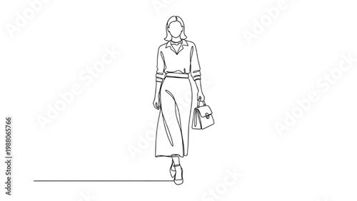 Continuous line drawing of a woman walking alone with a purse