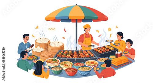Outdoor Food Festival Illustration with People Eating Together, Asian Night Market Feast Graphic with Dim Sum and Satay, Community Culinary Event Design for Social Media