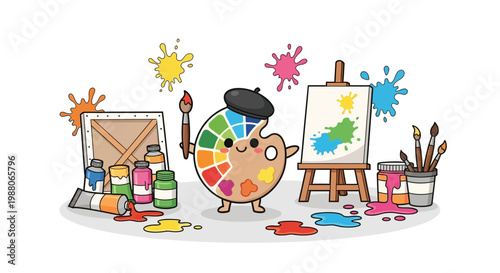 Cartoon Palette Character with Brush and Beret in Artistic Scene