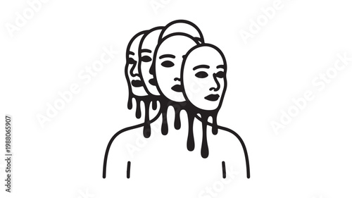 Identity Crisis Concept with Melting Theater Masks and Multiple Personas Vector Illustration
