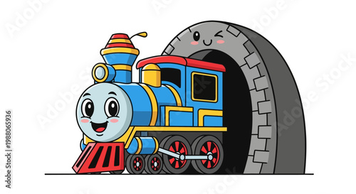 Cartoon Train Emerging from Tunnel with Smiling Face