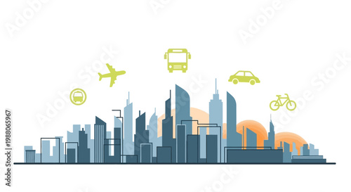 Cityscape with Transportation Icons: Plane, Bus, Car, and Bicycle