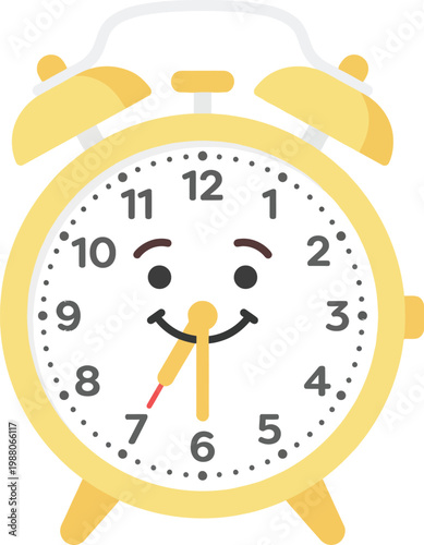 Cute yellow alarm clock with smiling face waking up wake up on time illustration character childish reminder waking up cheerful