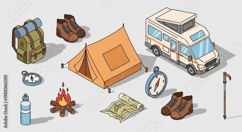 Camping and hiking gear collection isometric illustration.