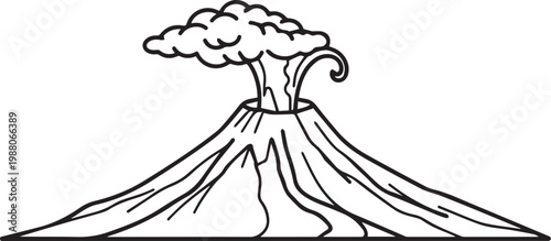 Erupting volcano, black line art, vector illustration, geology icon