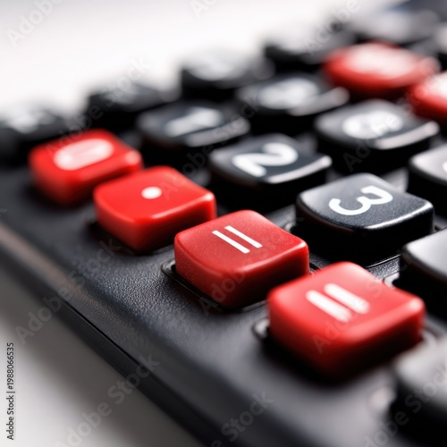 Close up view of calculator buttons highlighting red and black design