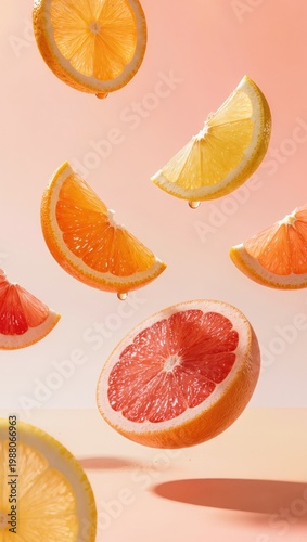 Floating Citrus Summer Background with Glowing Slices and Pastel Gradient