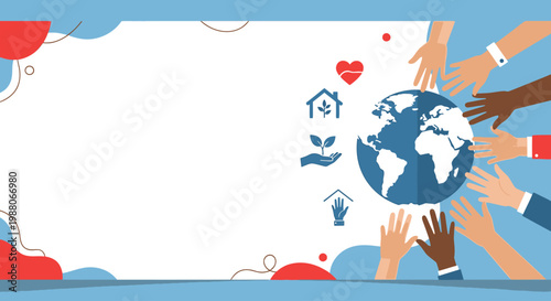 Uniting diverse hands in global solidarity, promoting humanitarian support, health, and environmental care for a sustainable future and compassionate community well-being worldwide