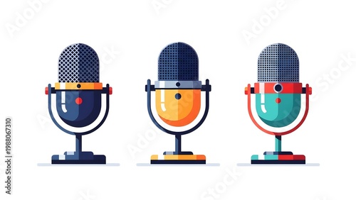 Three colorful microphones on stands against a transparent background