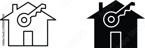 Real estate house key icons, minimalist home security vector set, black and white residential property symbols for mortgage and housing concepts