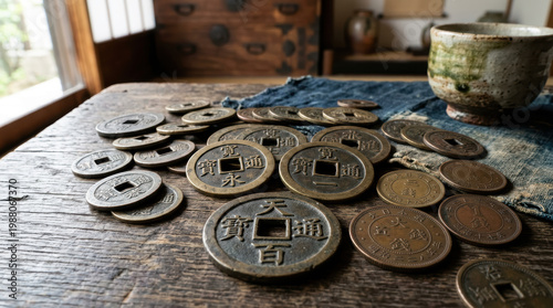 Vintage Japanese Coins Spread Across a Wooden Table in a Traditional Setting, Capturing High Fidelity Details and Textures of History and Culture