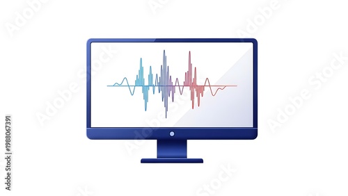 A computer monitor displays a colorful waveform on its screen on transparent background