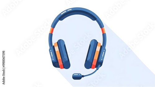 A blue and orange headset with microphone on transparent background