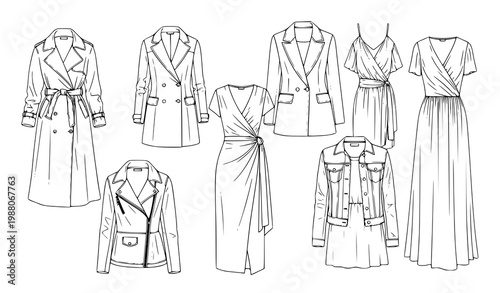 Women clothing line sketch vector fashion outerwear illustration set