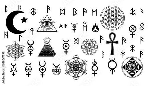 Occult symbol vector illustration black esoteric mystical alchemy set