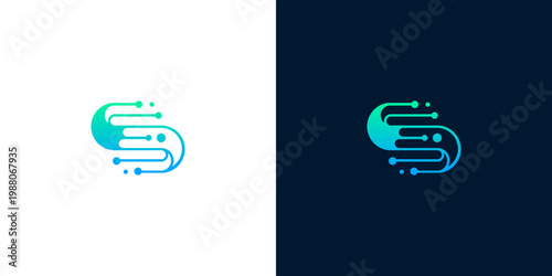Futuristic S letter logo with digital data streams and circuits, modern technology and innovation symbol