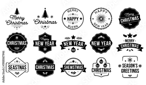Christmas New Year retro logos vector black white vintage badge set