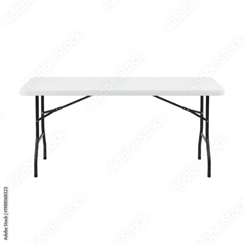Pristine rectangular utility folding table featuring a matte white plastic top and sturdy matte black tubular steel legs, isolated in a high-key studio environment. Commercial product accuracy concept