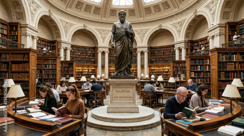 Statue of Plato in a Grand Library Setting with People Reading and Engaging in Study at Wooden Tables Surrounded by Bookshelves