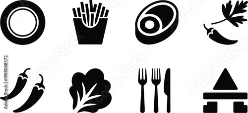 Black silhouette icons of food items and utensils on a white background