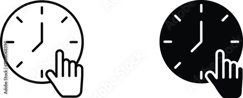 Minimalist clock icon with pointing hand cursor, black and white time management symbols, simple line and solid vector set for scheduling apps