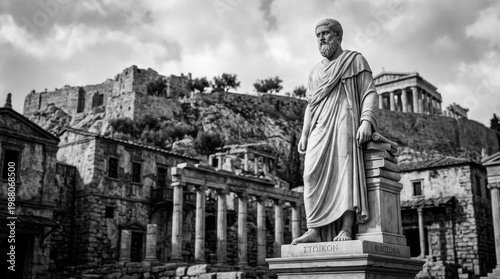 A Majestic Black and White Statue of Plato in Front of Ancient Ruins Under Dramatic Sky, Capturing the Essence of Philosophical Wisdom and History