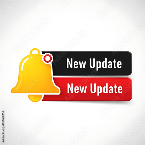 Yellow notification bell icon with black and red buttons displaying the text label new update