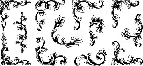 Set of elegant black floral ornament silhouettes and vintage corner dividers for classic invitation cards wedding decor and antique border designs