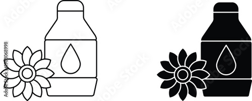 Sunflower oil bottle icons, organic cooking oil vector set, natural vegetable oil product symbols in line and silhouette styles