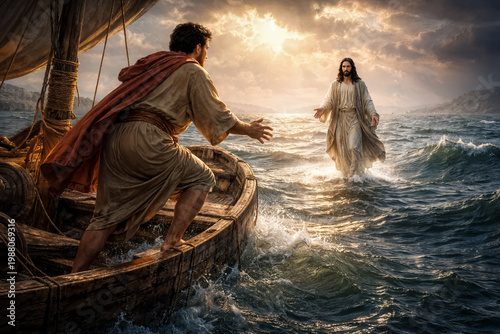 Jesus walks on water on Galilee Peter watches from fishing boat