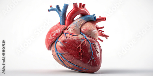 3D medical illustration of a human heart, three-quarter frontal view against white background for medical education, cardiovascular research, or public health campaigns.